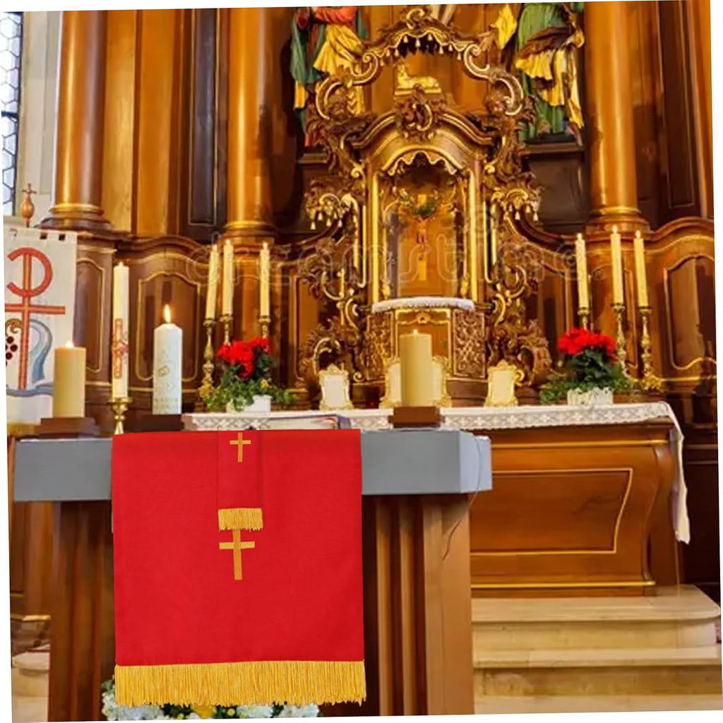 Set of 3 Reversible Parament Set with Red Table Runner Bookmark and Embroidered Pulpit Scarf Featuring Gold Cross for