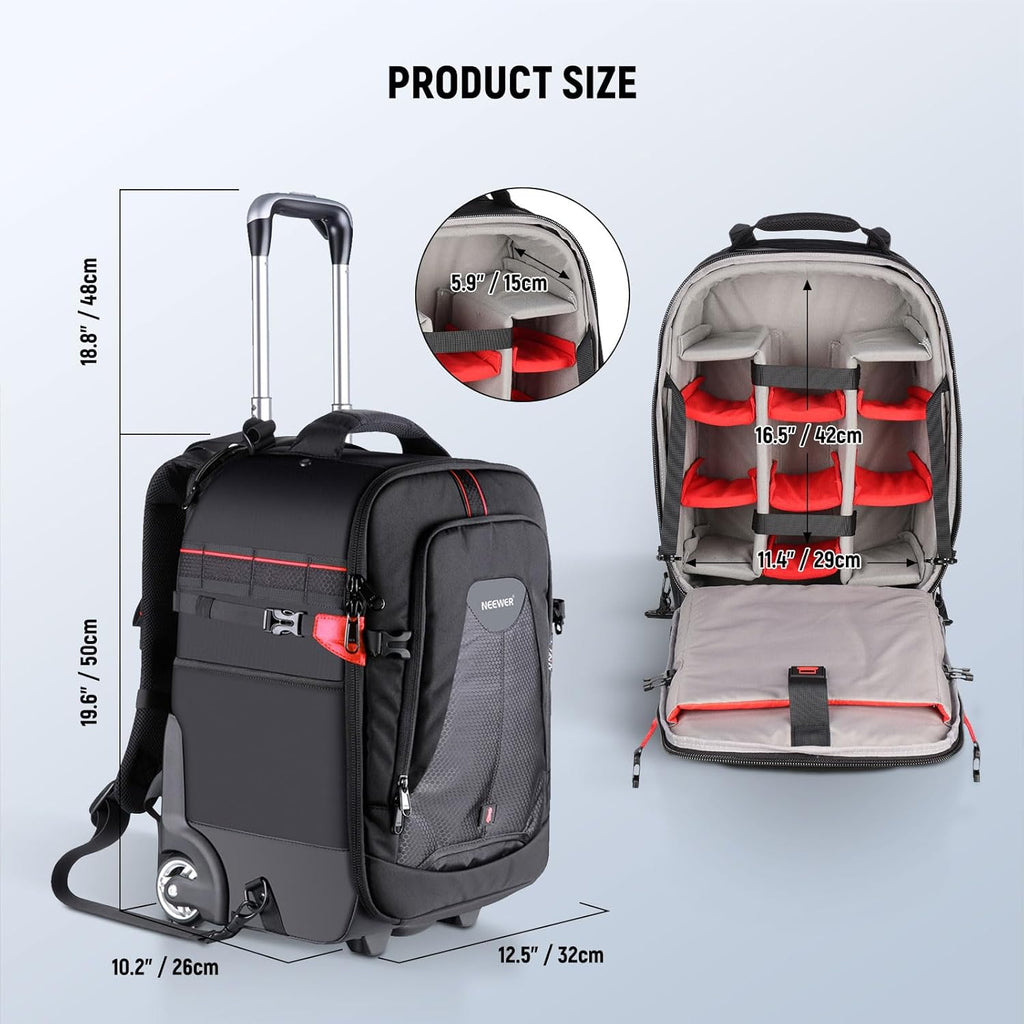 2-in-1 Rolling Camera Backpack Trolley Case - Anti-shock Detachable Padded Compartment, Hidden Pull Bar, Durable