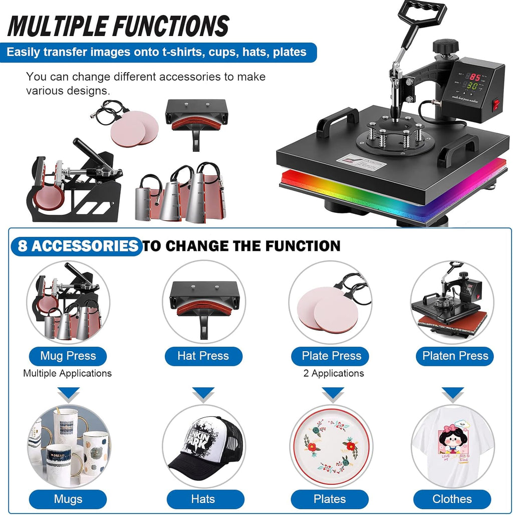 Heat Press 15x15 Inch 8 in 1 Heat Press Machine, Swing Away T Shirt Pressing Machine Digital Control, Multifunction