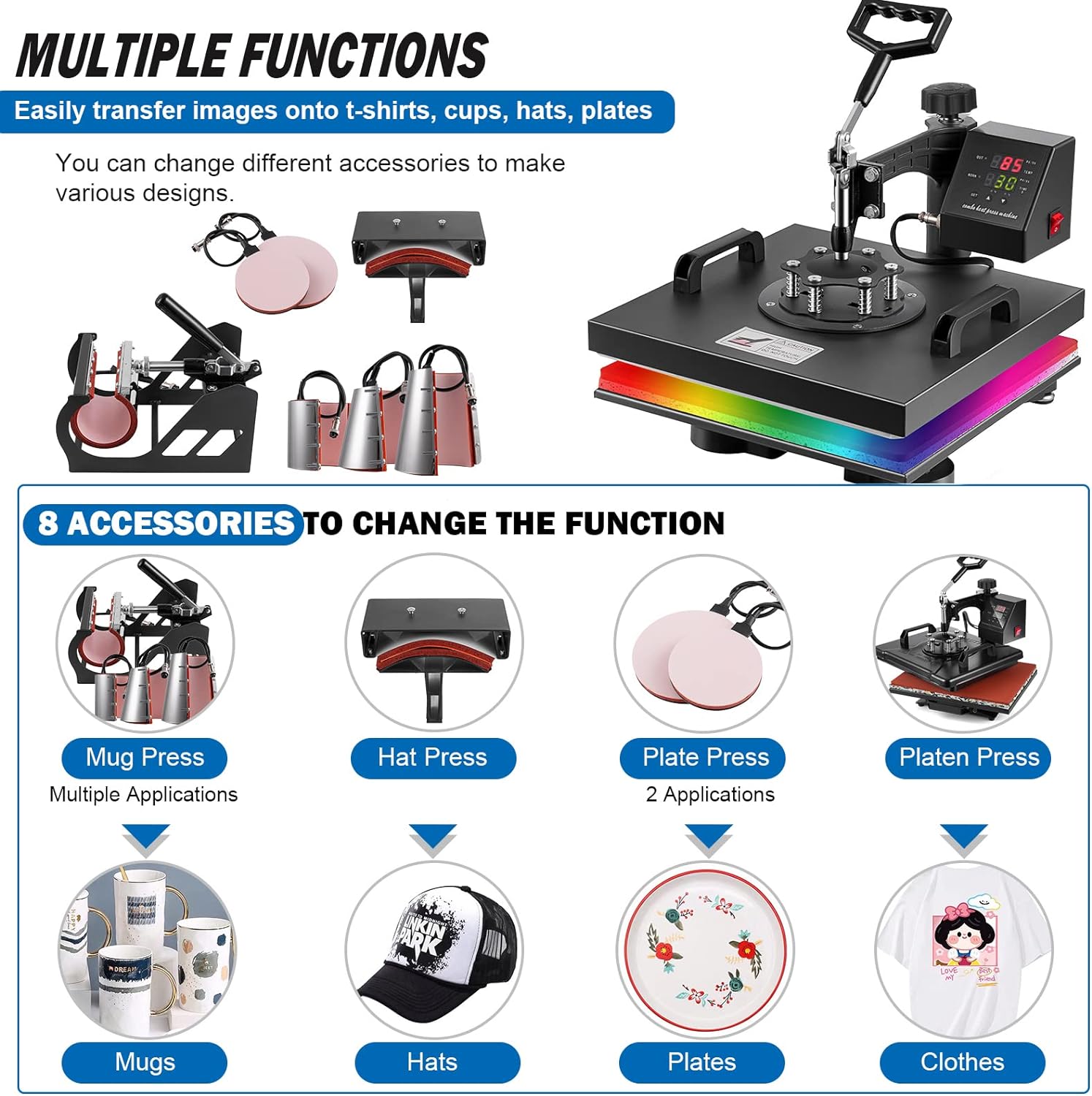 Heat Press 15x15 Inch 8 in 1 Heat Press Machine, Swing Away T Shirt Pressing Machine Digital Control, Multifunction