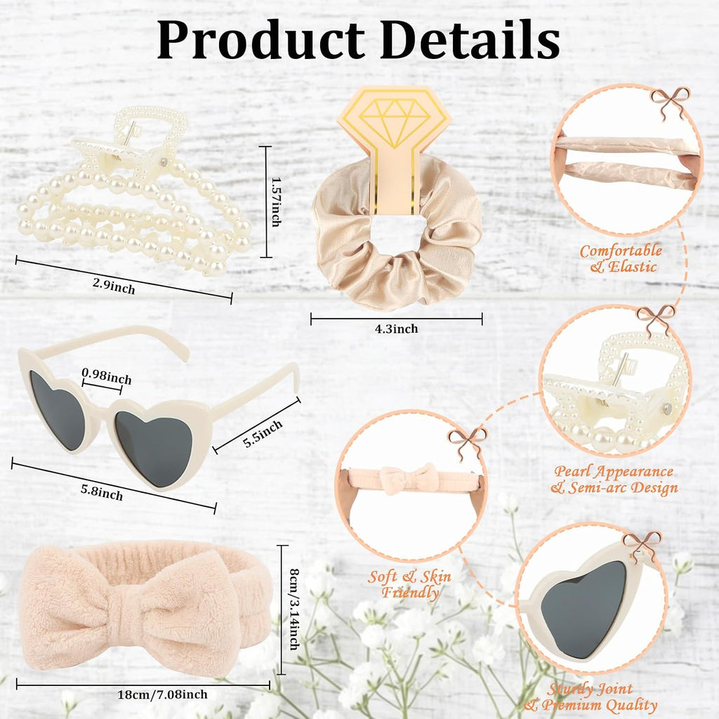 4PCS Bridesmaid Proposal Gift Set Heart Sunglasses Pearl Hair Claw Clip Satin Hair Scrunchies Bridesmaid Spa Headband