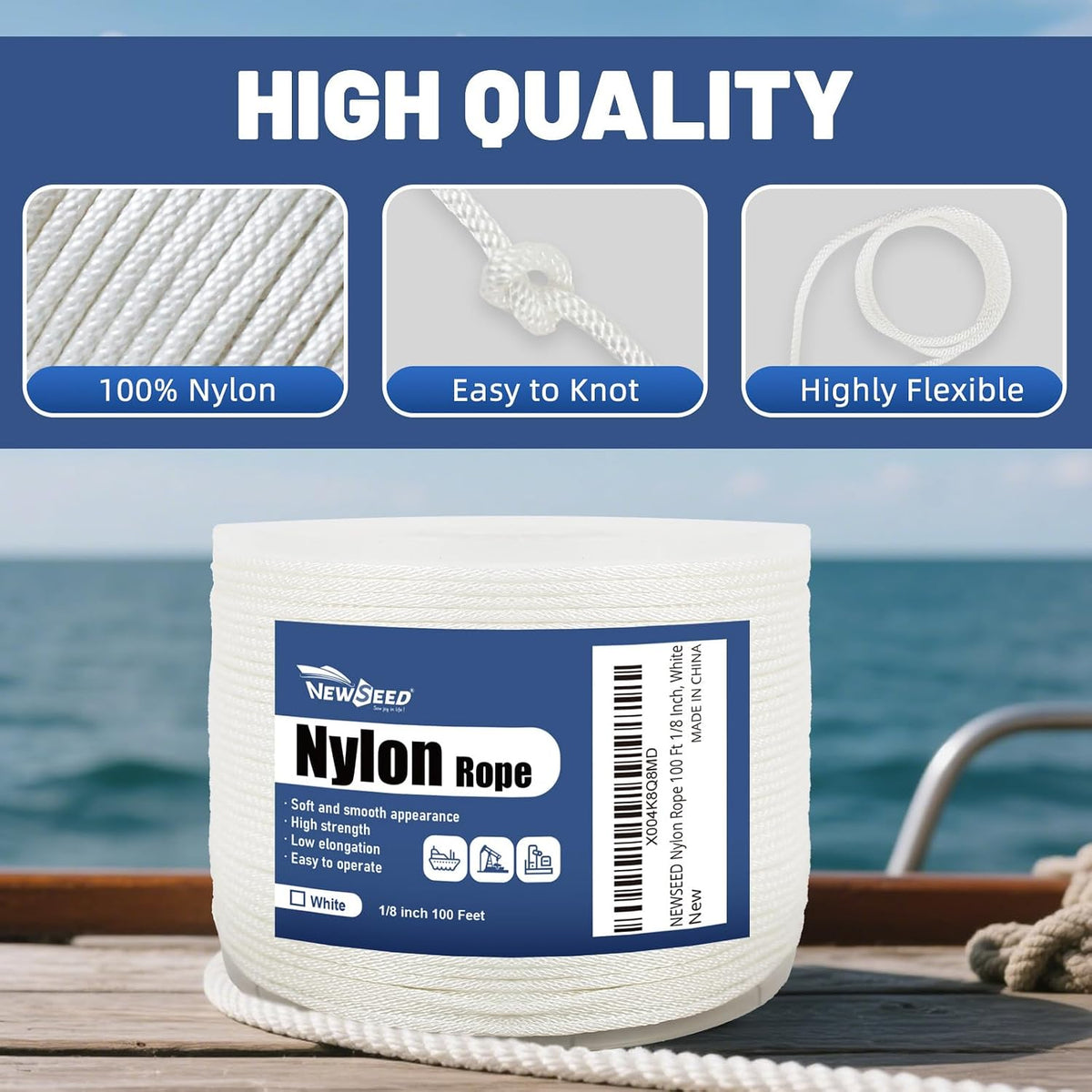 NEWSEED 500 Ft 1/8 Inch Nylon Rope Heavy Duty Utility Rope (White)