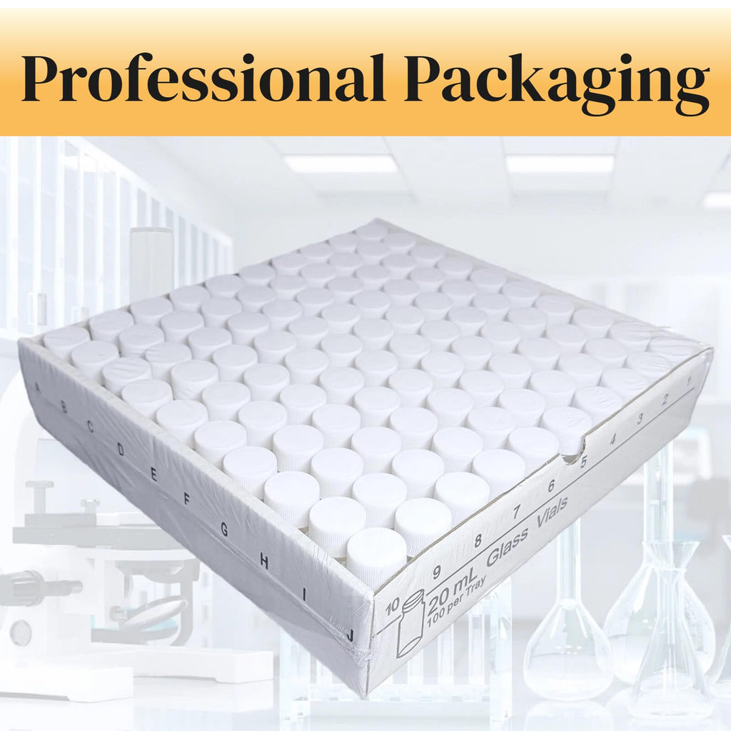 100 Pack 20ml Clear Glass Sample Vials, 24-400 White Screw Cap with PE Liners, Type I Class A 3.3 Borosilicate Glass