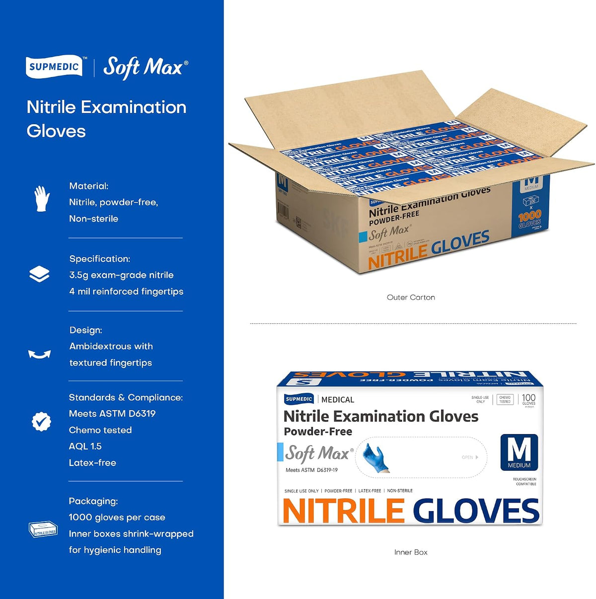 Medical Soft Max Nitrile Exam Disposable Gloves Powder-Free 1000Ct