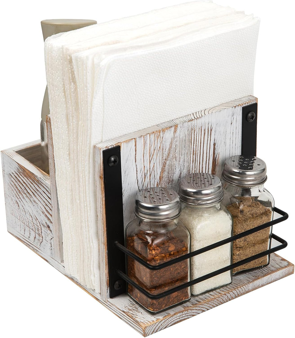 Rustic Whitewashed Wooden Kitchenware Organizer Napkin Utensil Spice Holders Table Seasoning Shakers Chalkboard Label