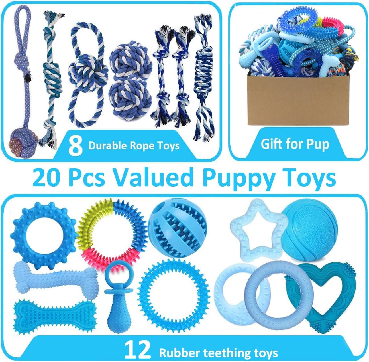20 Pack Puppy Chew Toys - Blue Dog Teething Toys for Puppies, Puppy Teething Rings and Ropes, Rubber Toy Bundle for