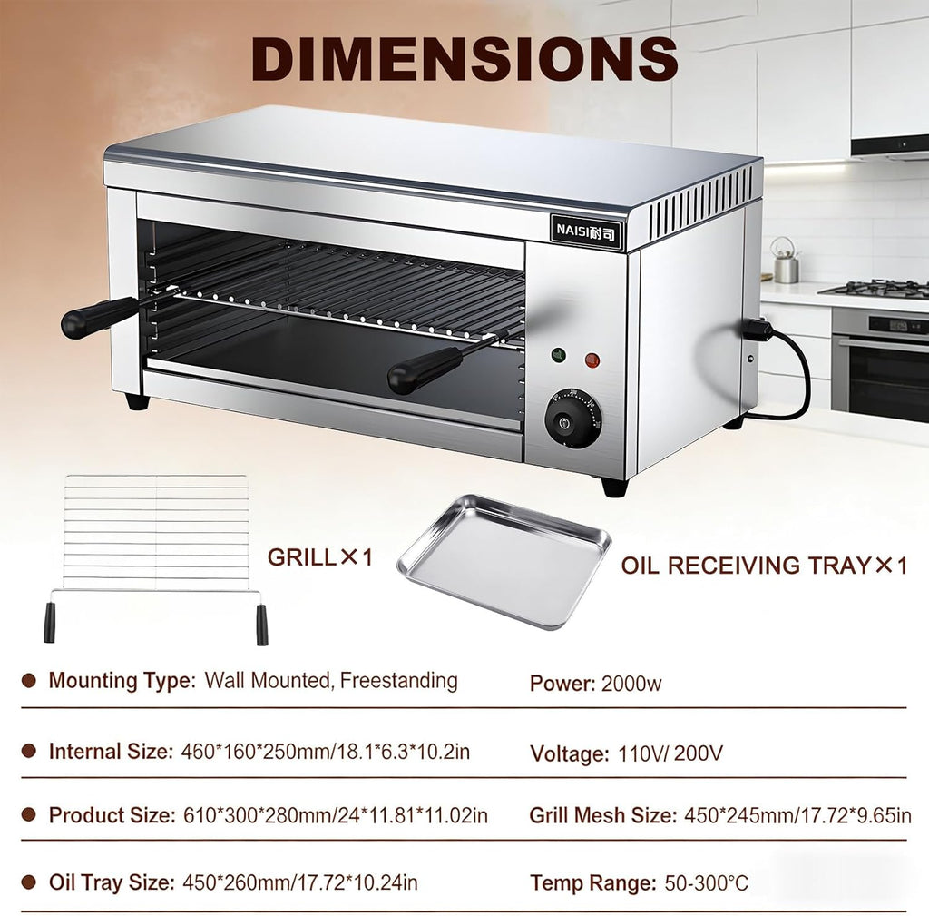 Commercial Salamander Broiler Countertop Grill, 2000W Electric Salamander Cheese Melter Stainless Steel Wall Mounted