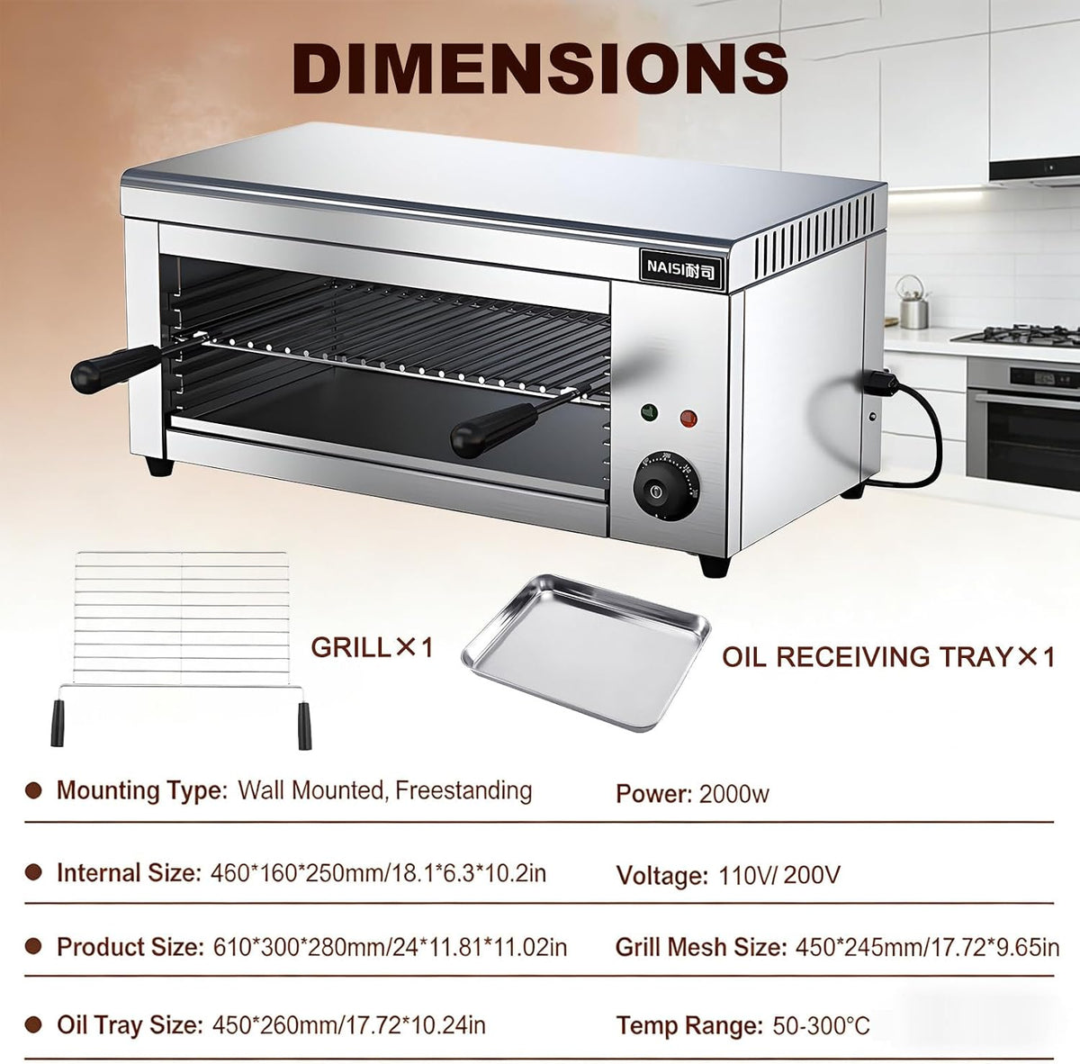 Commercial Salamander Broiler Countertop Grill, 2000W Electric Salamander Cheese Melter Stainless Steel Wall Mounted