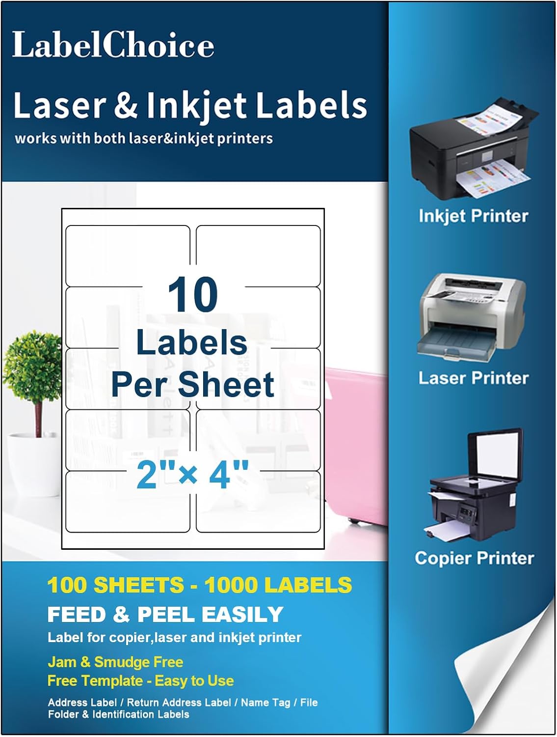 100 Sheets 1000 Pcs 2”x4” 10 Up Shipping Address Labels Compatible with Laser and Inkjet Printers, 2x4 10 Per Page
