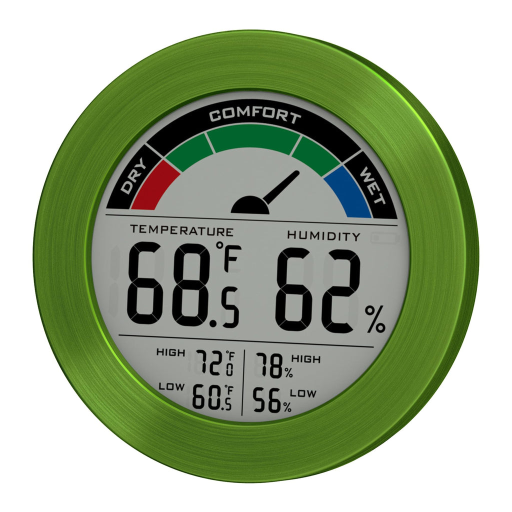 Digital Hygrometer Indoor Thermometer, Brushed Metal Frame, Green