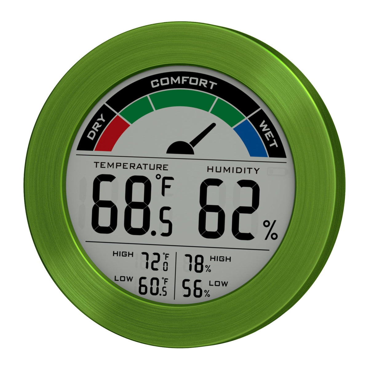 Digital Hygrometer Indoor Thermometer, Brushed Metal Frame, Green