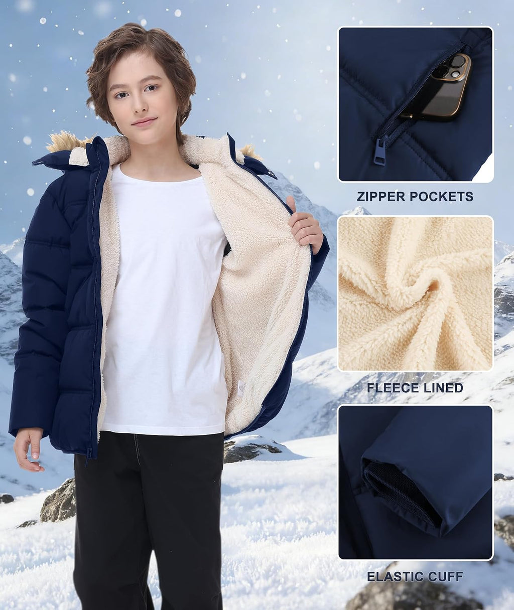 Boy's Girl's Winter Jackets Coat with Hood Thermal Windproof Zipper Puffer Warm Sherpa Fleece Lined