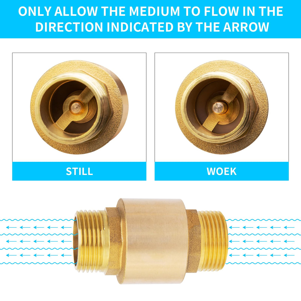 ChillWaves Brass In-Line Spring Check Valve DN20 3/4" Male Thread, One-Way Non-return Vertical Check Valve for Backflow Prevention(1-PACK)