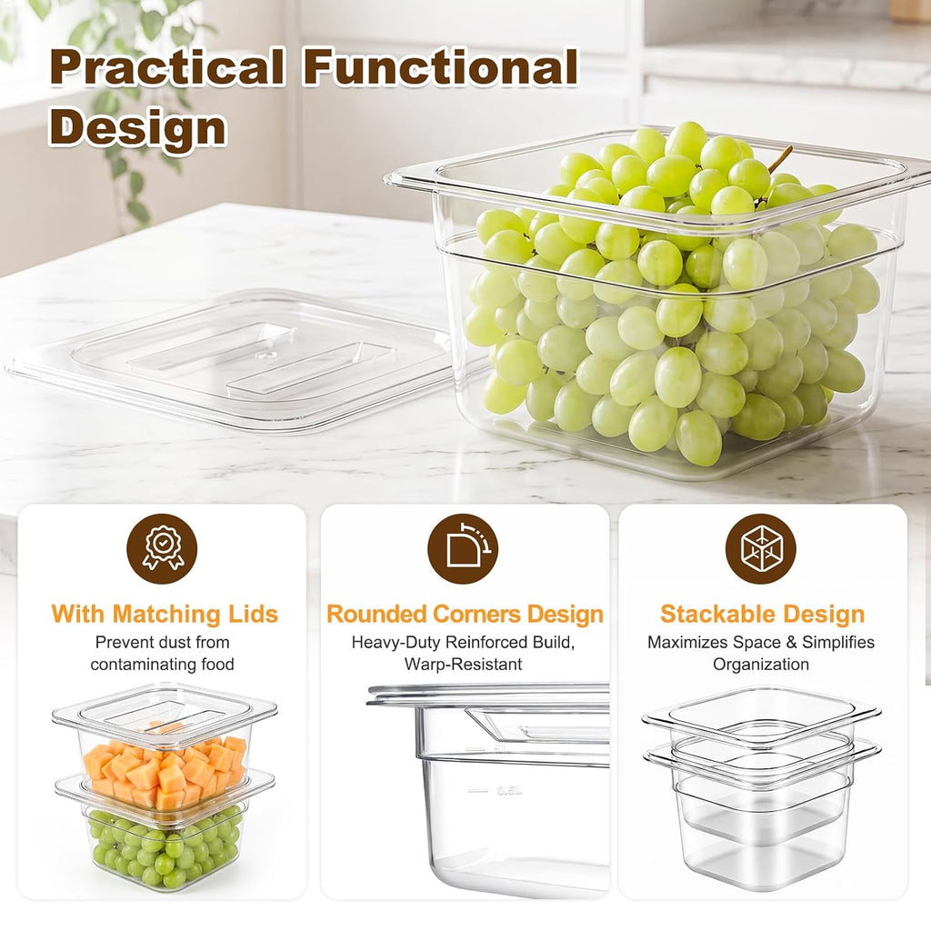 6-Pack 1/6 Size 4''Deep NSF Polycarbonate Food Pans with Lid, Clear