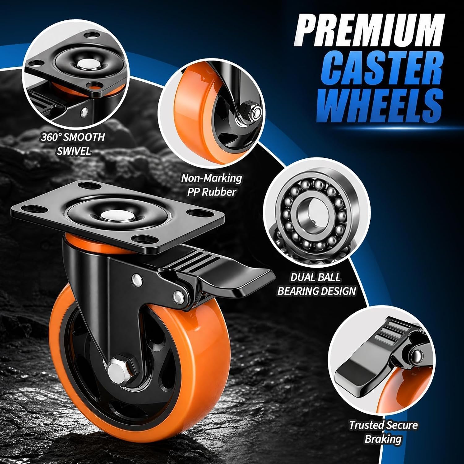 4 Inch Caster Wheels, Heavy Duty Swivel Casters Set of 4 with Brake Load 2200lbs, Industrial Plate Casters, No Noise