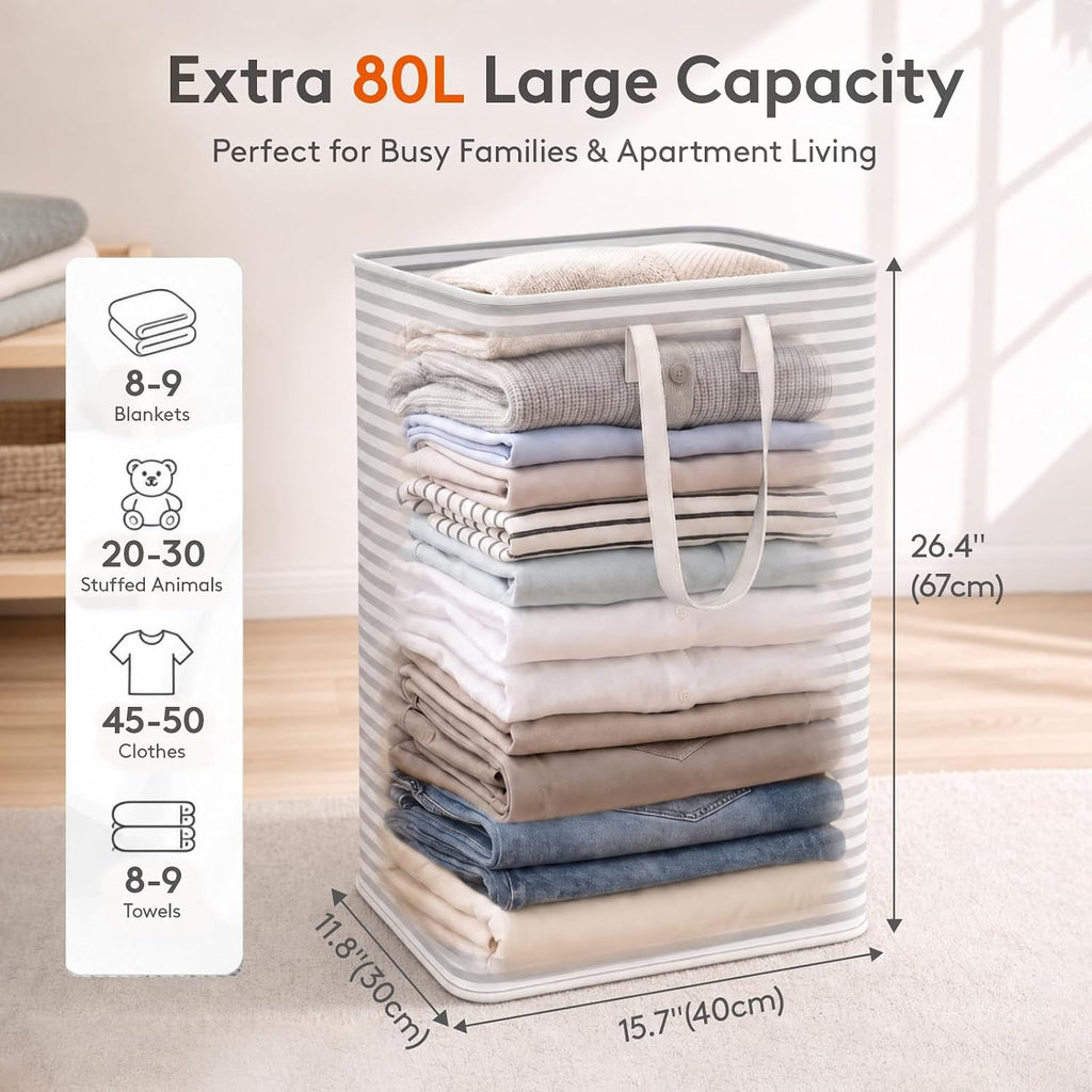 2 Pack Laundry Basket 80L Each, Collapsible Clothes Hamper with Reinforced Handles, Freestanding Waterproof Design