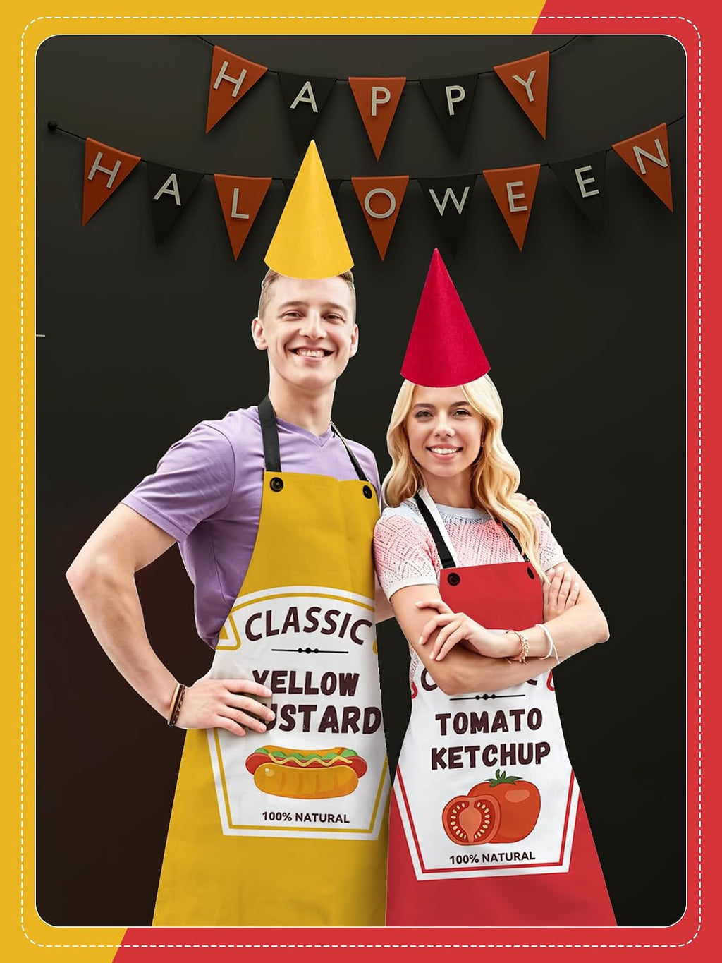 2 Set Ketchup and Mustard Costume Apron Condiment Group Costume | Includes Ketchup and Mustard Aprons Hats for Back