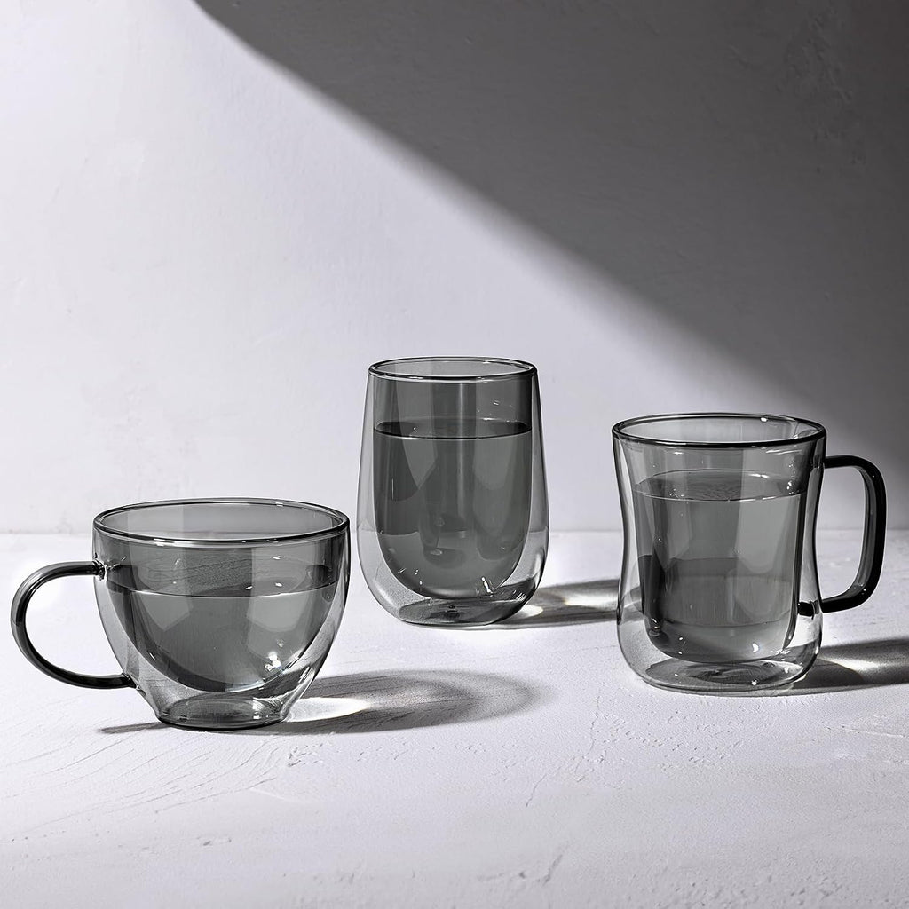 Black Double Walled Glass Coffee Mug 12 oz Cappuccino Cups Set of 2