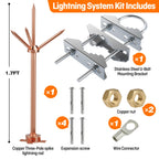 Lightning Rod, Copper Lightning Rod Protection System with Mount Bracket for Eave/Tower/Pole/Sloping Roof (Pole Mount Kit)
