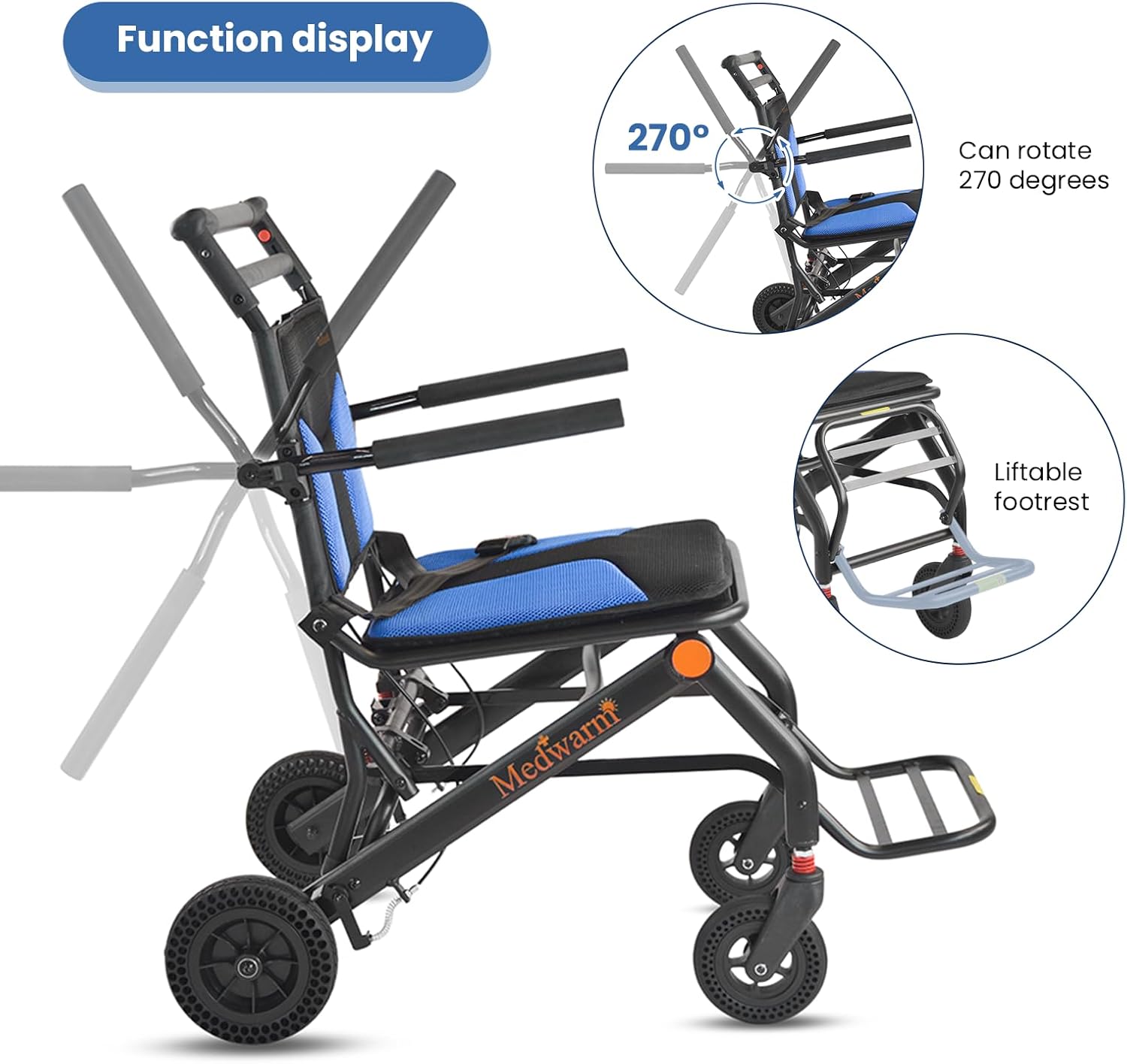 Portable Aluminum Transport Wheelchair with Handbrake, 11" Rear Wheels, Ultralight Folding Travel Wheelchair for