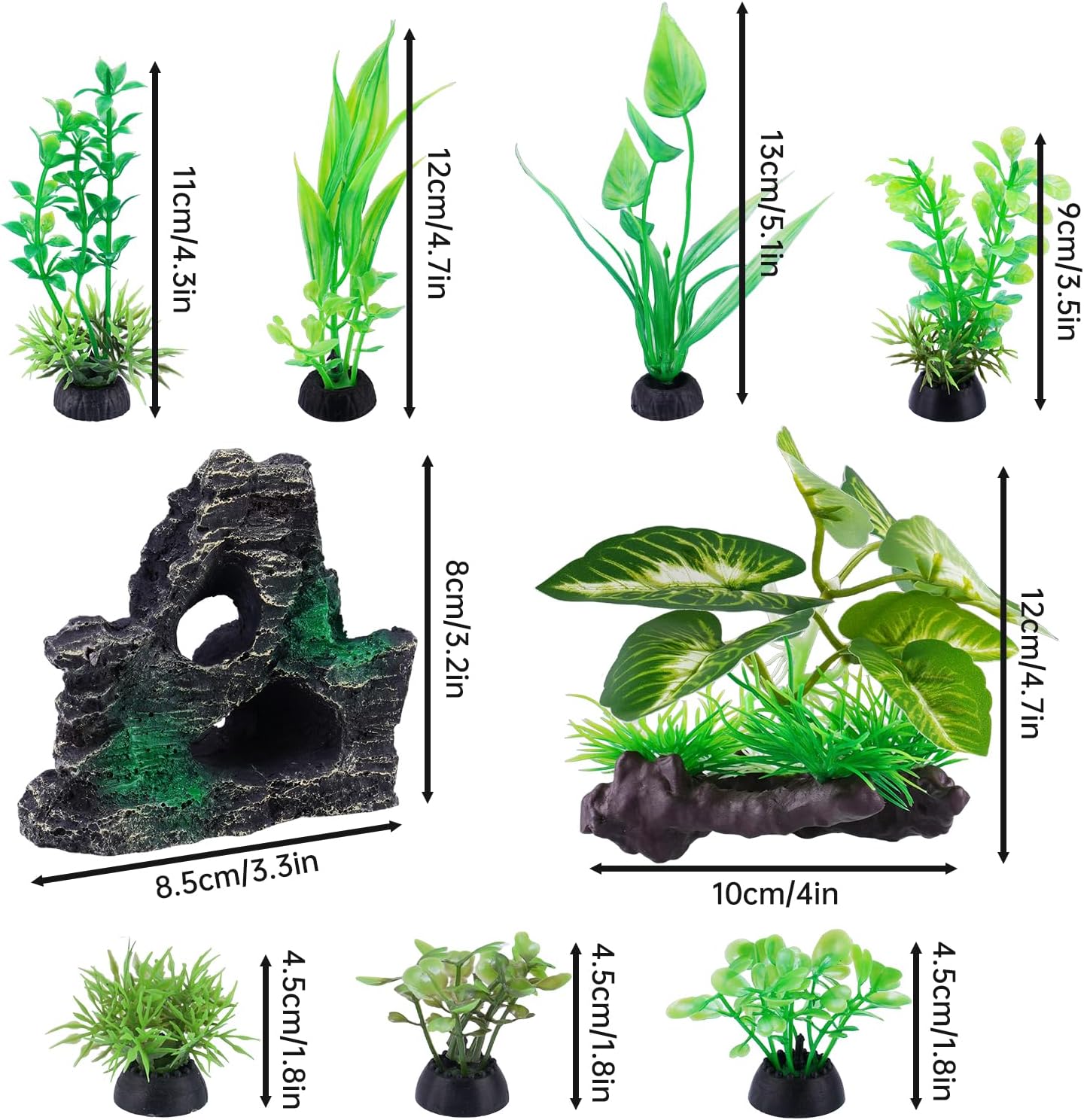 9PC Artificial Aquarium Plants Fish Tank Decor Betta Driftwood Green | Weighted Base With Rock Mountain, Non-Fading