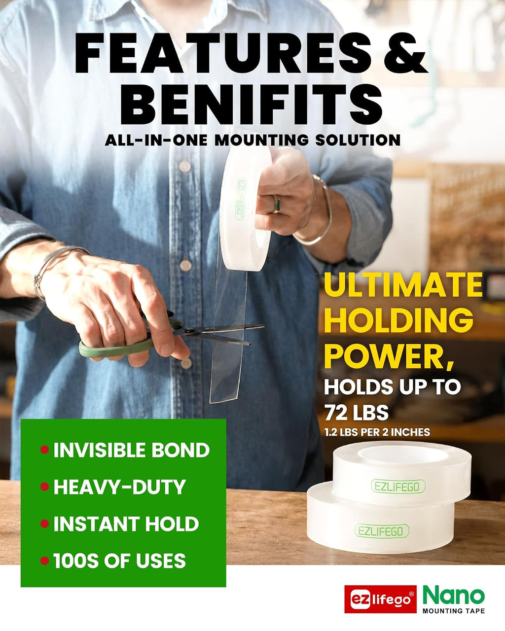 Heavy Duty Invisible Bond Nano Double Sided Mounting Tape, 9.85FT