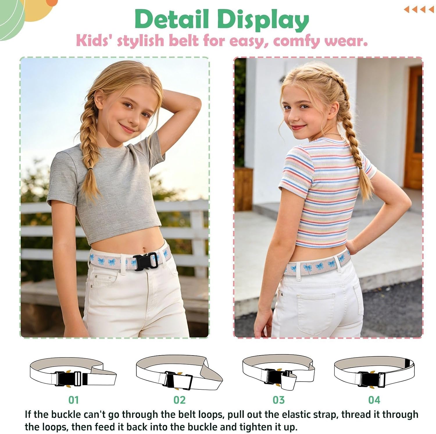 Bow Tie Adjustable Kids Elastic Belts, Girls Boys Stretch Waist Belt with Aluminum Alloy Buckle