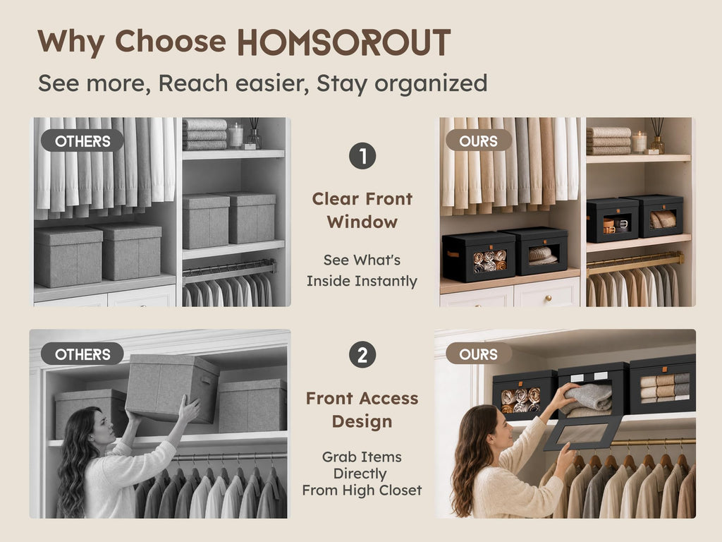 Small Closet Storage Bins - Closet Shelf Organizer with Open Window, 6 Pack, Black
