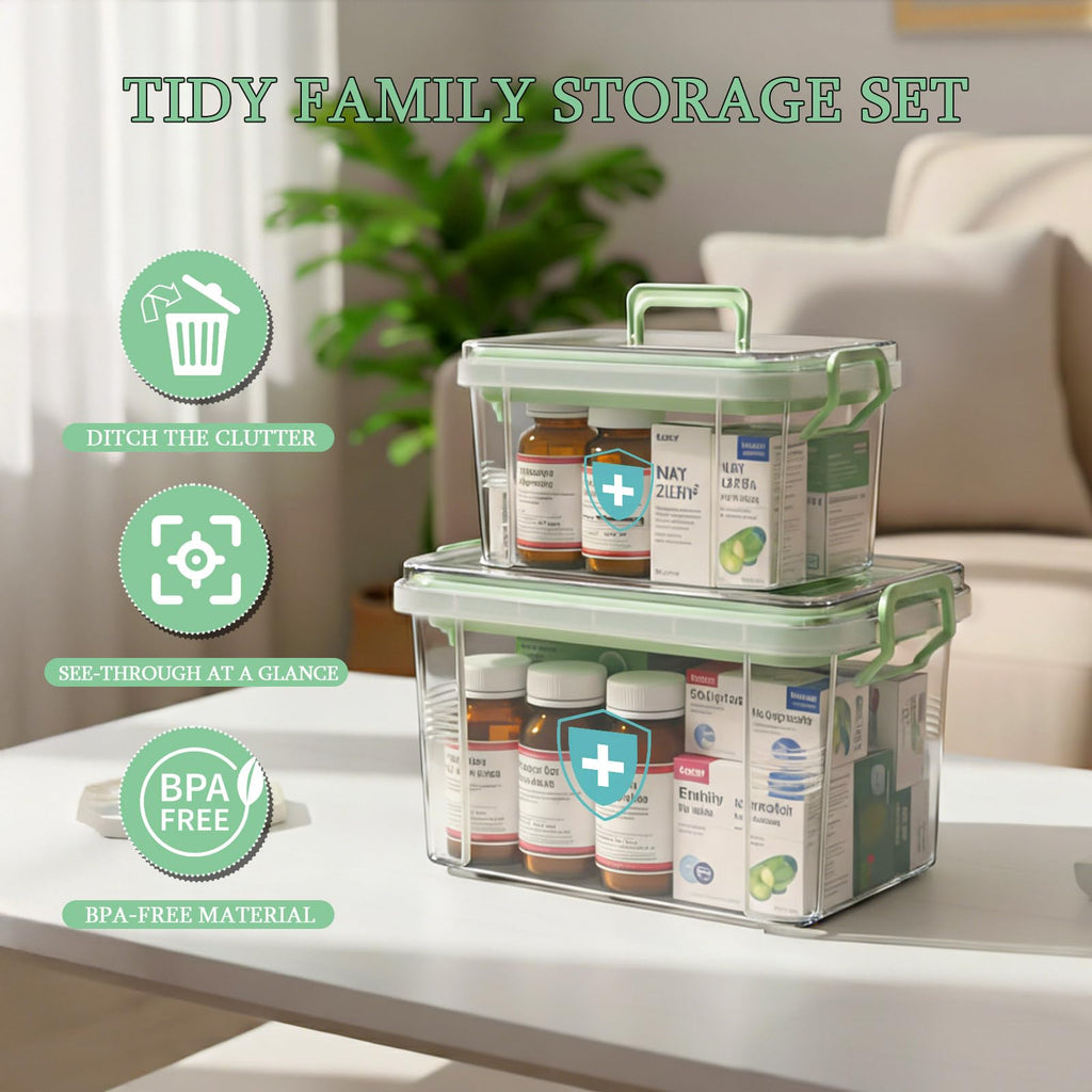 2 Pack Clear Medicine Organizer Box with Handle, Plastic Medicine Container with Tray First Aid Box Empty, Thickened