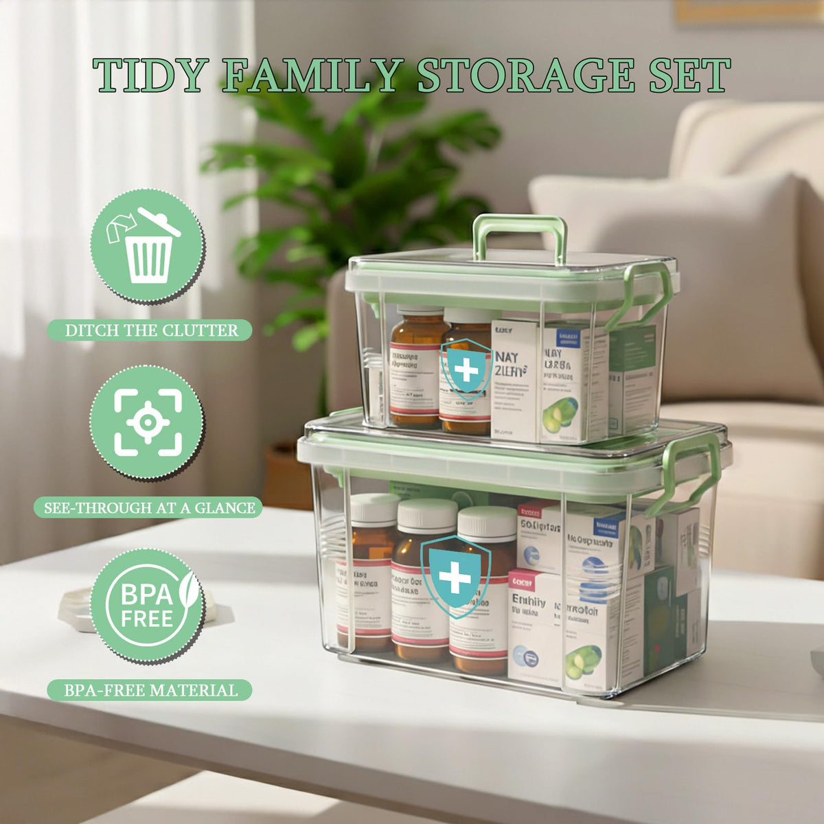 2 Pack Clear Medicine Organizer Box with Handle, Plastic Medicine Container with Tray First Aid Box Empty, Thickened