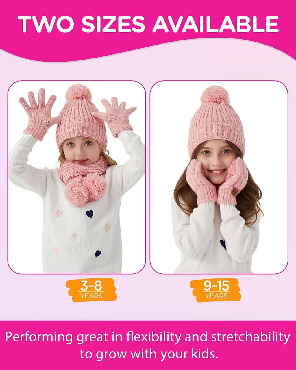 Kids Winter Hat Scarf Gloves Set - Girls Boys Fleece Lined Beanie Hat with Pom Knit Scarf Warm Mittens for Children