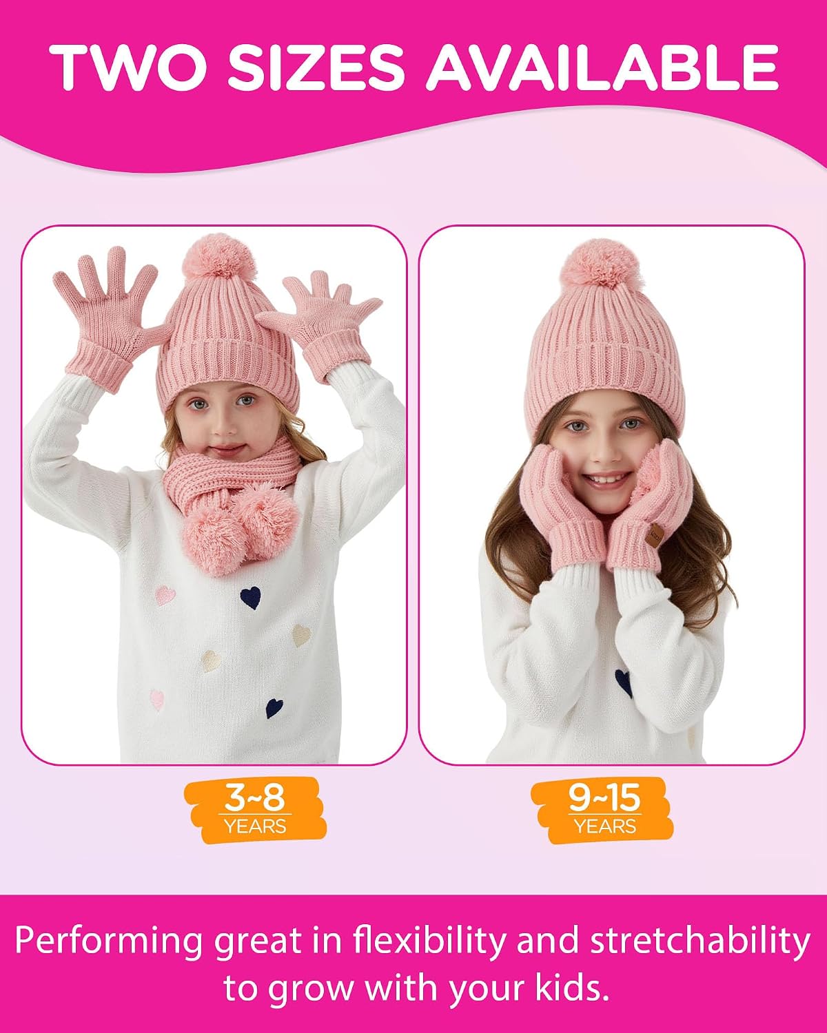 Kids Winter Hat Scarf Gloves Set - Girls Boys Fleece Lined Beanie Hat with Pom Knit Scarf Warm Mittens for Children