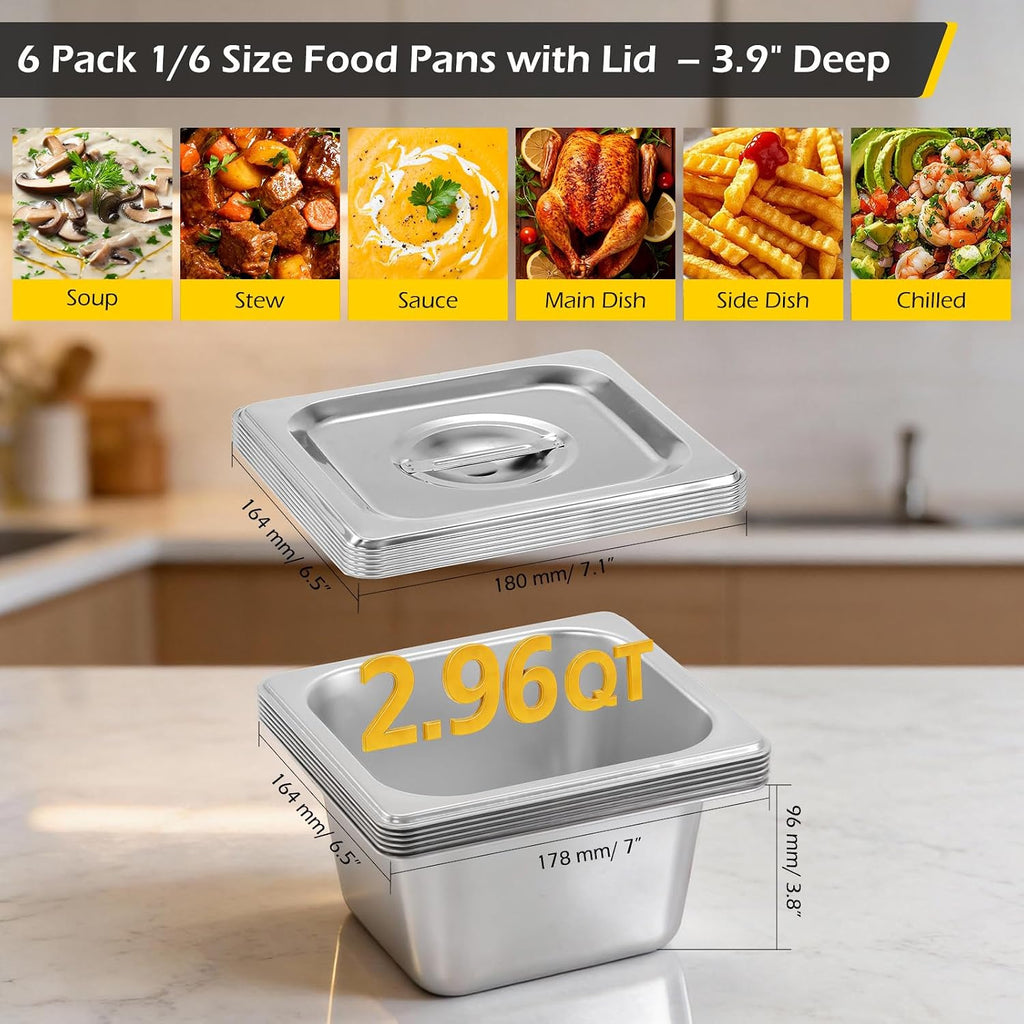 Hotel Pans with Lid 1/6 Size Pans 4 Inch Deep 6 Pack Food Pans
