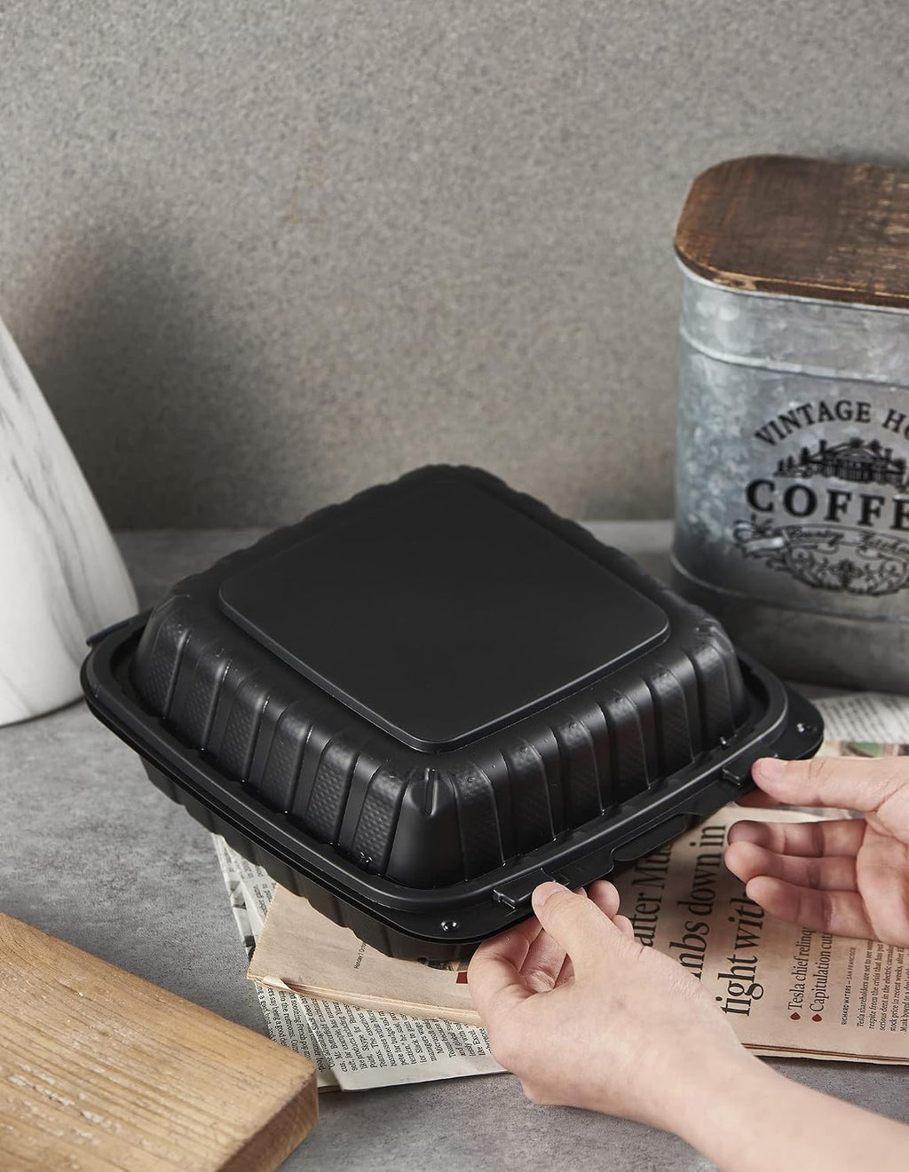 8X8" 3-Compartment 50-Pack Plastic Clamshell Takeout Food Trays Heavy Duty Togo Disposable Box For Pasta Salad