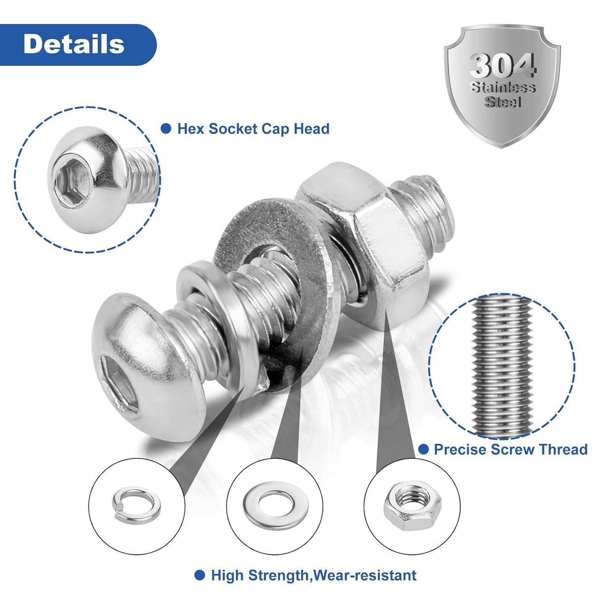 211Pcs Metric M6 Button Head Hex Socket Cap Screws Assortment Kit, M6x 8/10/12/16/20/25/30/40mm Internal Hex Drive Allen Bolts Nuts and Washers Set, 304 Stainless Steel, Fully Threaded, Pitch: 1.0mm