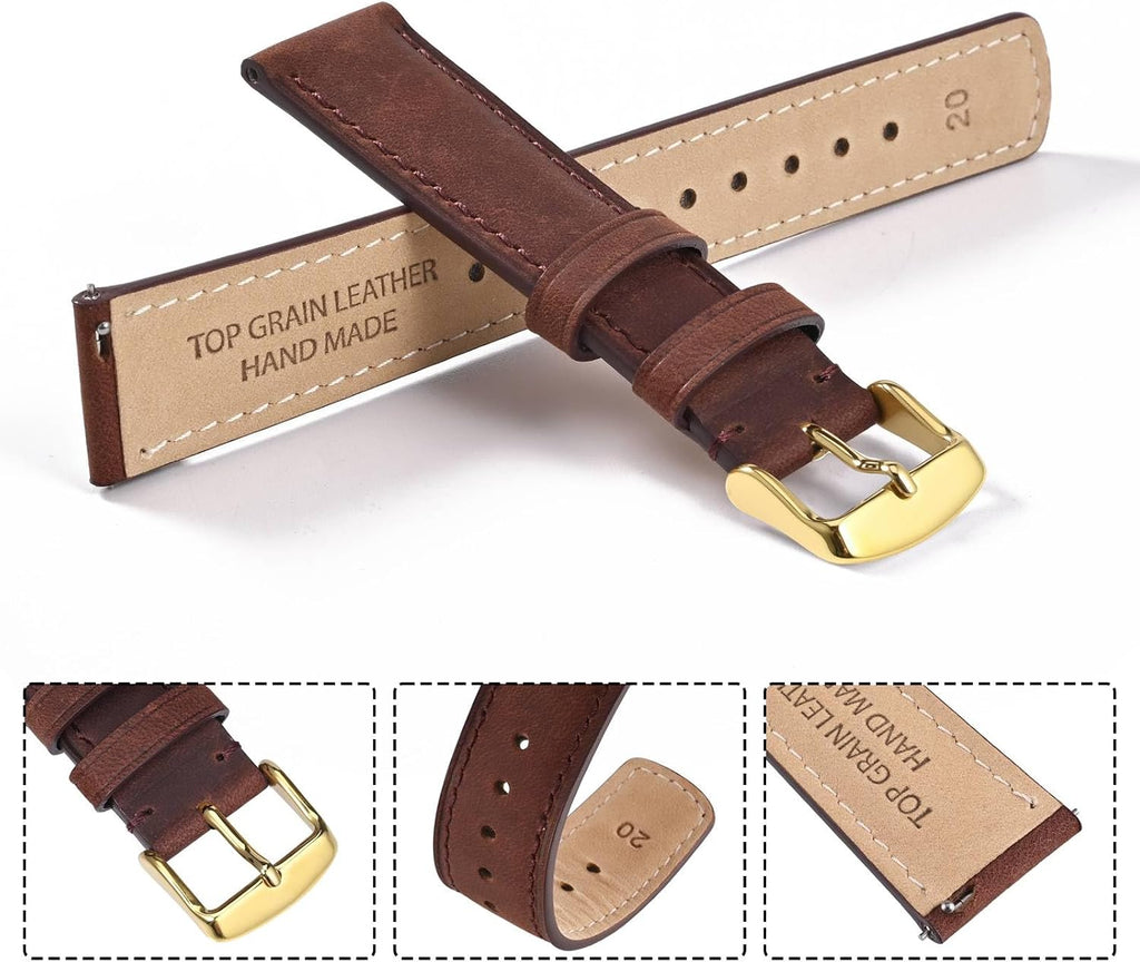 22mm Top Grain Leather Watch Band, Dark Brown Crazy Horse Leather Replacement Watch Strap with Gold Buckle, Quick