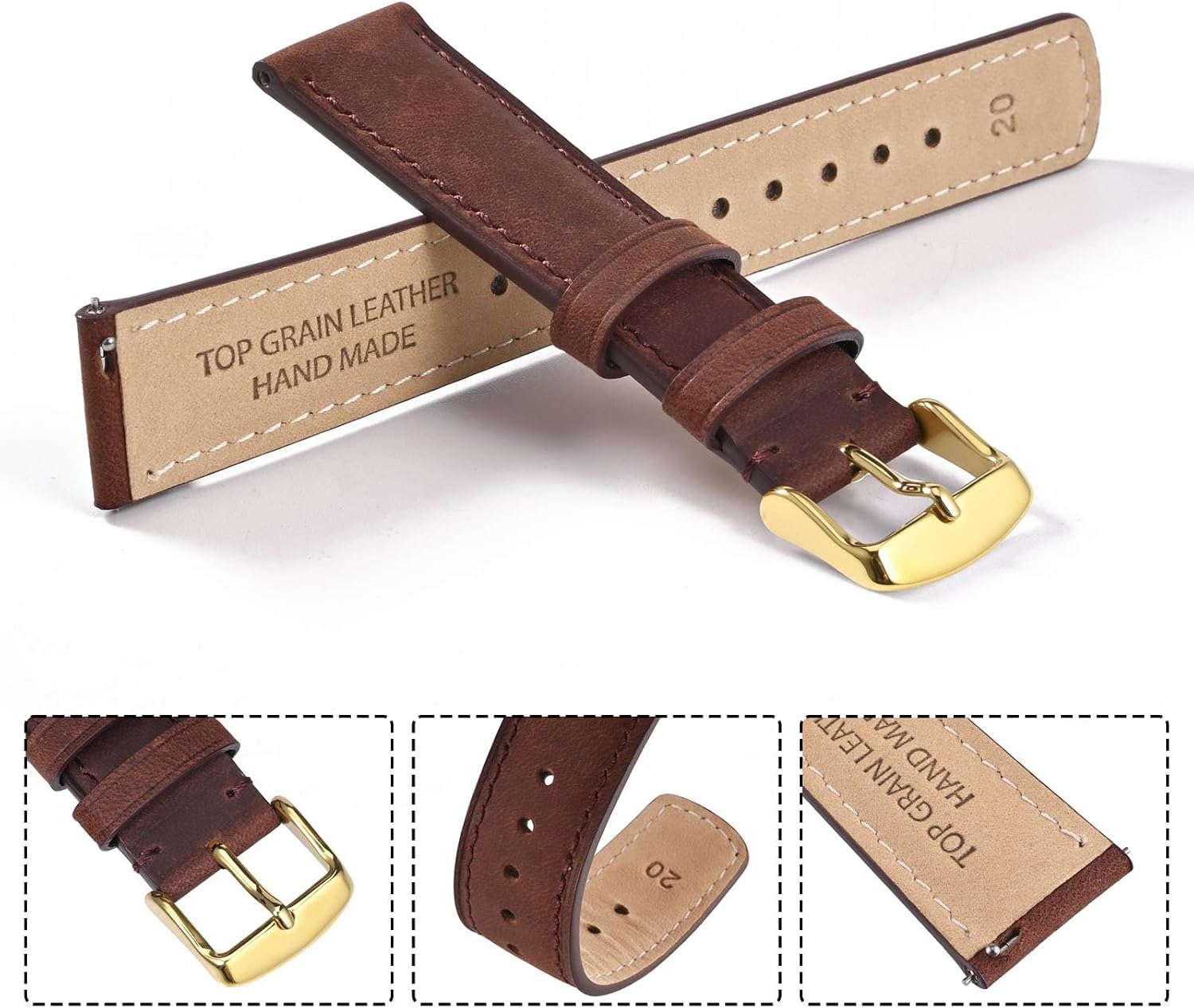 22mm Top Grain Leather Watch Band, Dark Brown Crazy Horse Leather Replacement Watch Strap with Gold Buckle, Quick