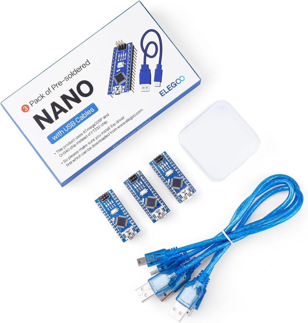 ELEGOO Nano V3 Boards with Mini-B USB Cables, ATmega328P, CH340, 3-Pack