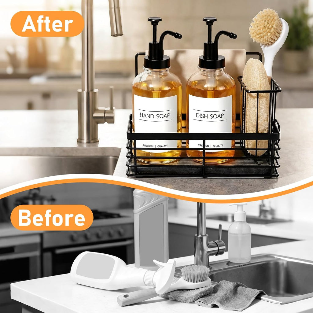 Kitchen Soap Dispenser Set, 16.9 oz/500 ml Hand and Dish Soap Dispenser Set, Glass Soap Dispenser with Sponge Holder