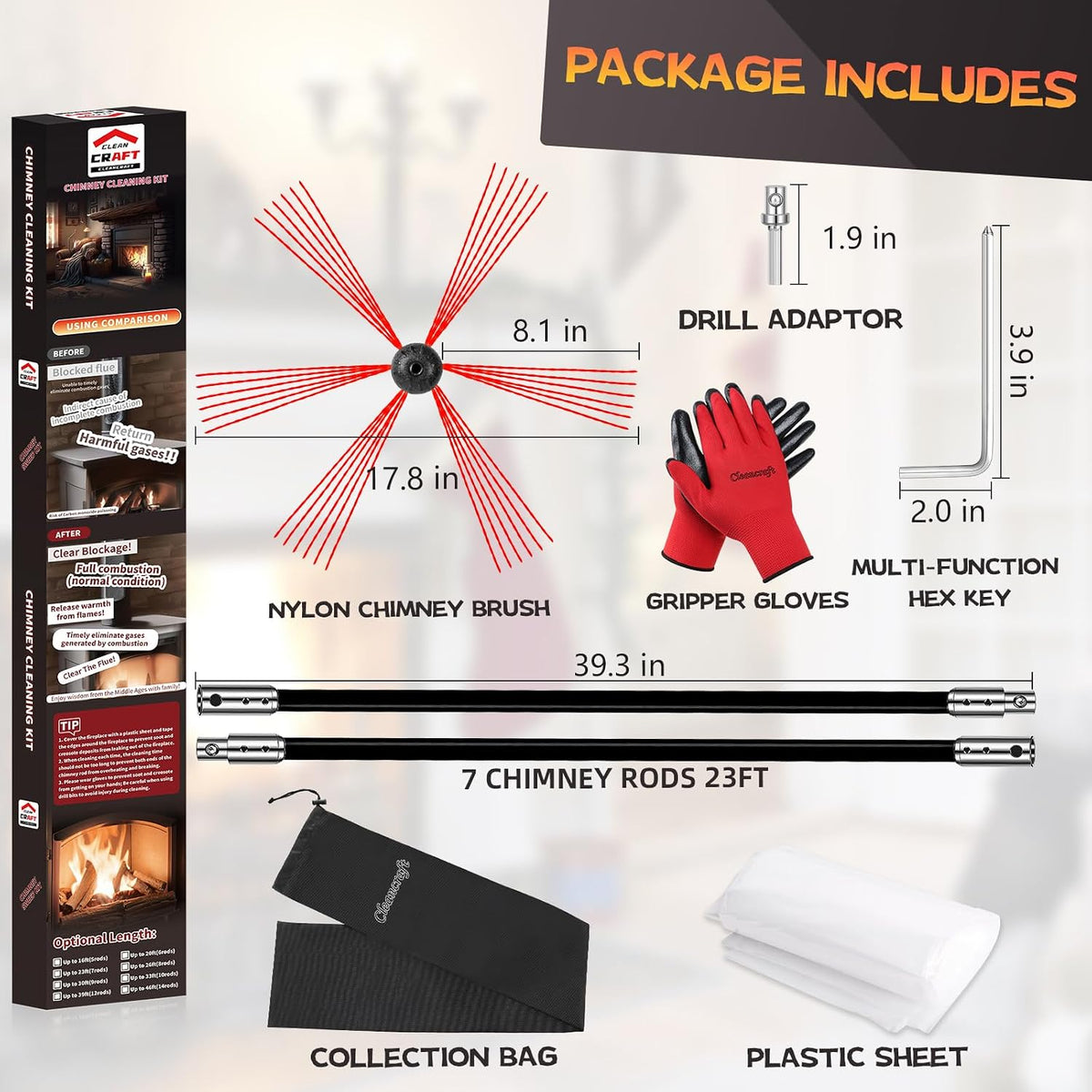 23 Feet Chimney Sweep Kit, Chimney Cleaning Kit with 7 Flexible Black Chimney Rods, Rotary Chimney Cleaning System
