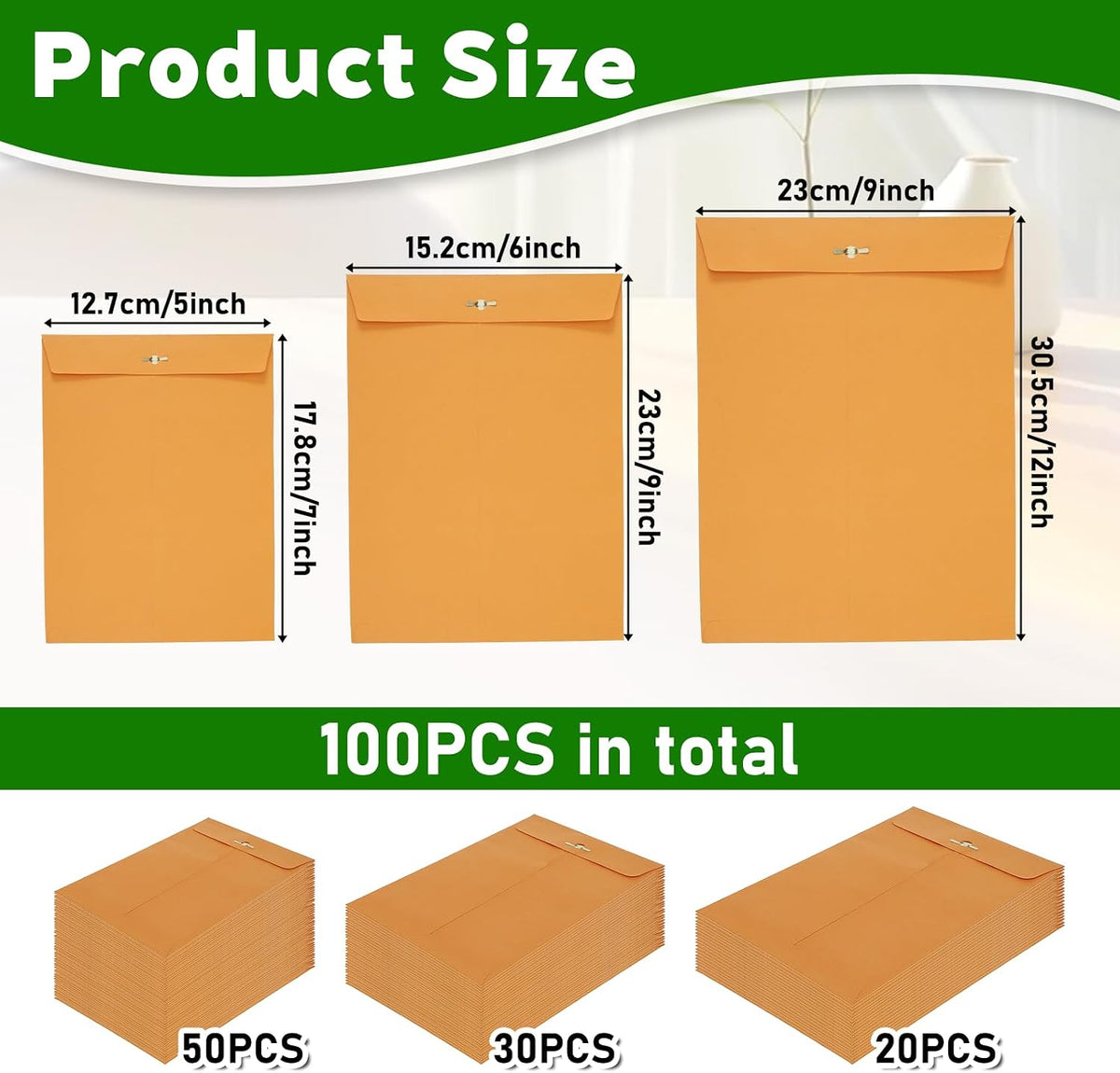 100Pcs Clasp Envelopes, 3 Sizes Paper Envelopes with Clasp Closure