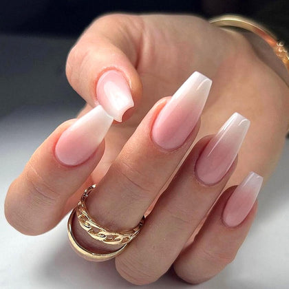 Coffin Press on Nails Medium White Gradient False Nails with Glossy Design Glue on Nails Light Pink Transparent Fake