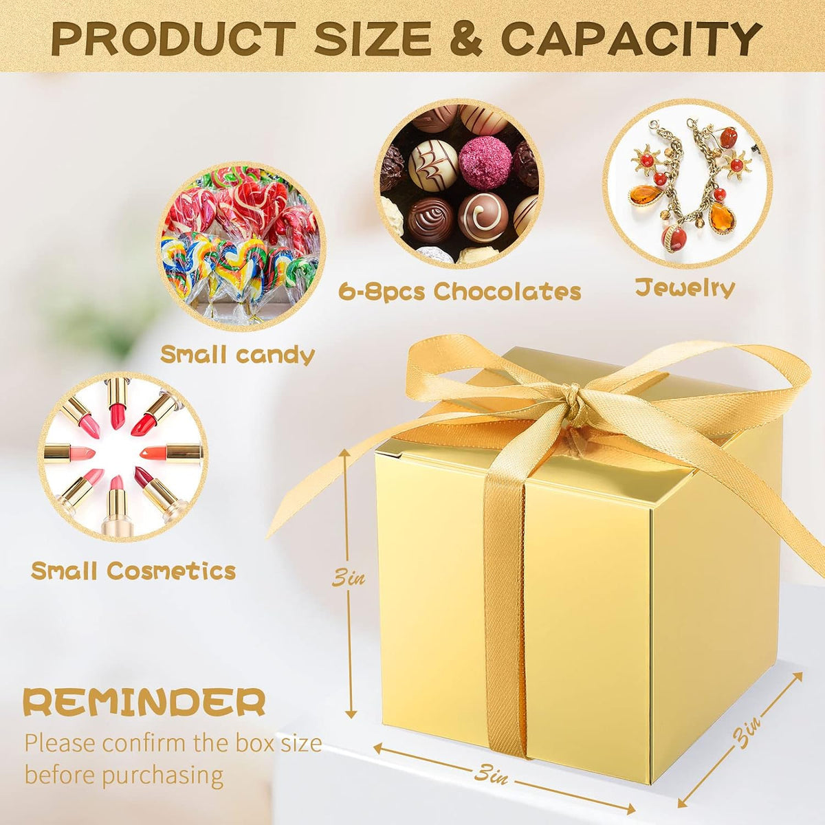 200 Pcs Small Gift Boxes 3x3x3 Inches Gold with Ribbons Kraft