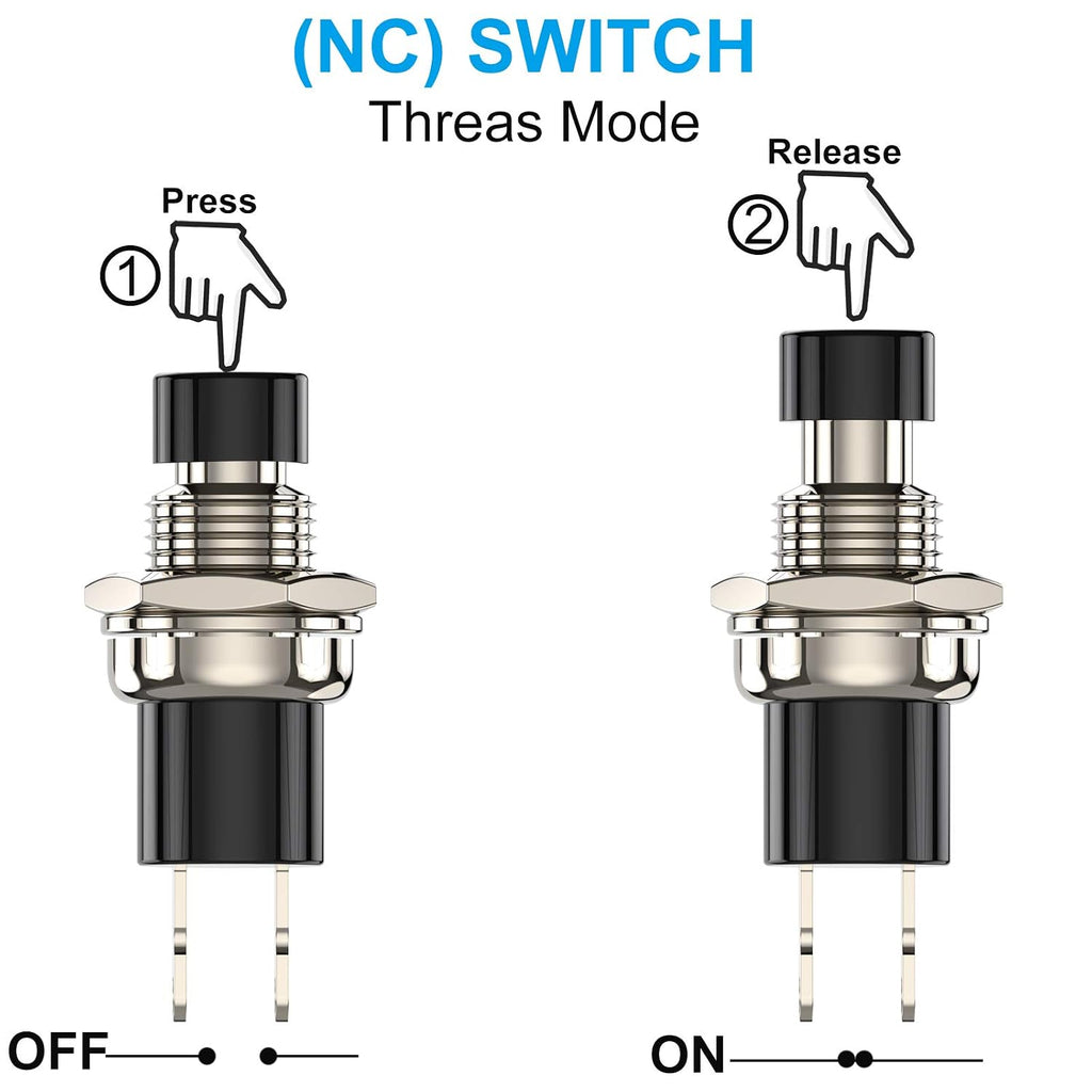 Momentary Push Button Switch, 1A 250V AC SPST Mini Pushbutton Switches with Wire Normal Closed(NC) Black Cap - 10pcs