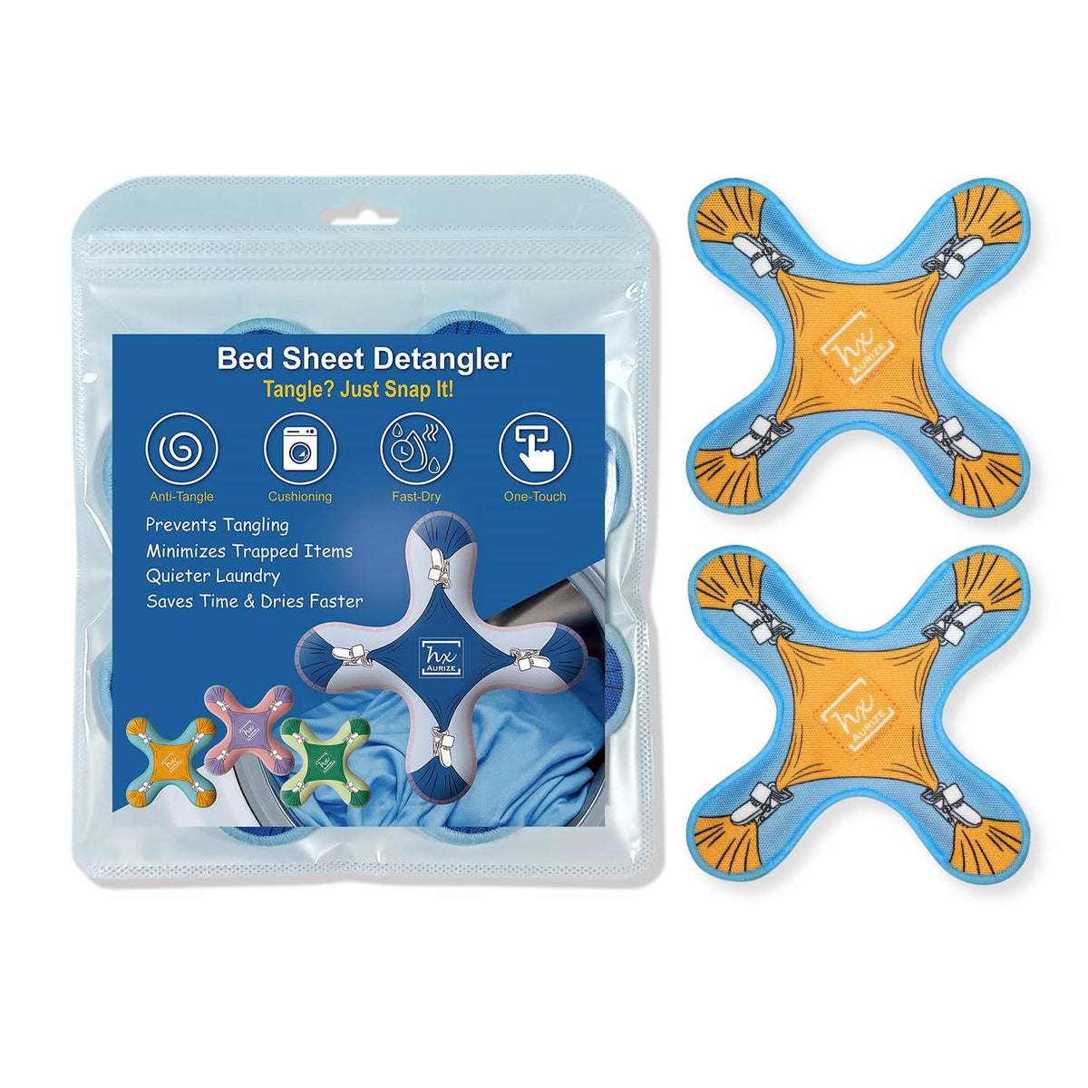 HX AURIZE Bed Sheet Detangler Clips for Washer & Dryer, 2 Pack Orange