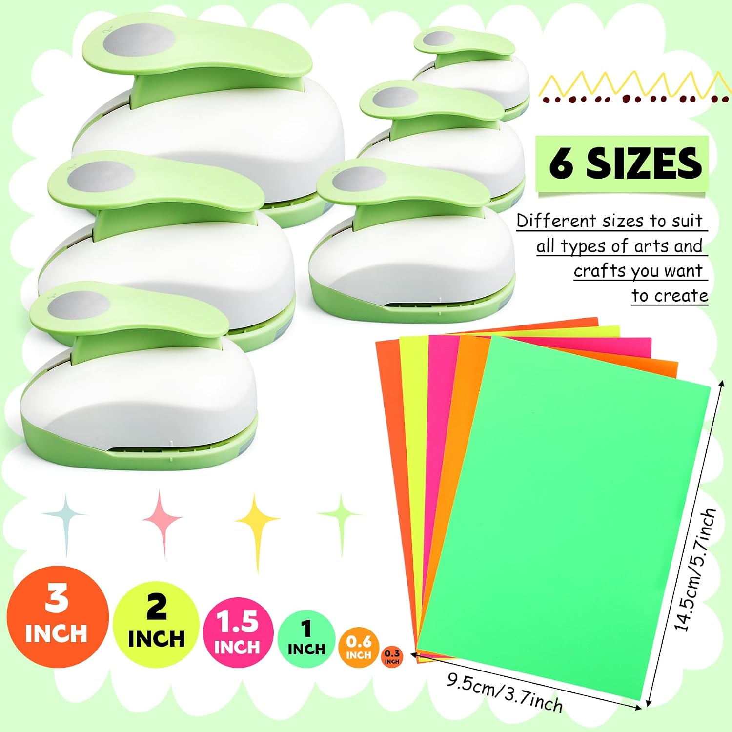 6 Pcs Circle Punch Set 3in/2in/1.5in/1in/0.6in/0.3in Scrapbook Hole Punchers Crafting with 10 Sticker Paper Round