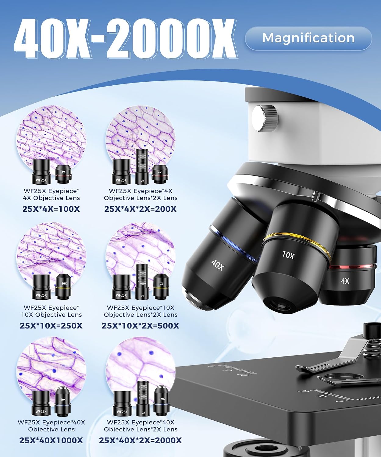 Compound Microscope for Adults & Students, White | 100X-2000X High-Power, Biological Microscope, School Lab & Home