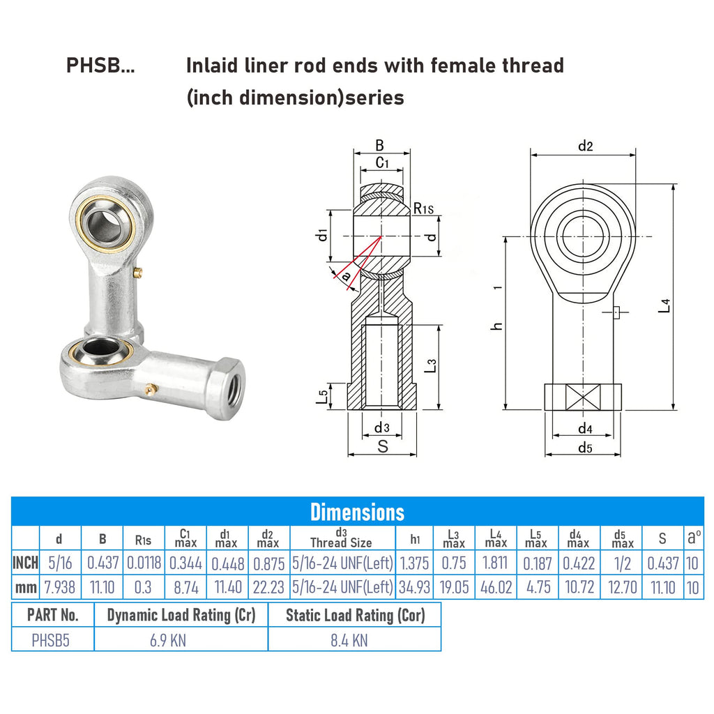 FOCMKEAS PHSB5L Spherical Rod End Bearings, 5/16" Bore, Left Hand