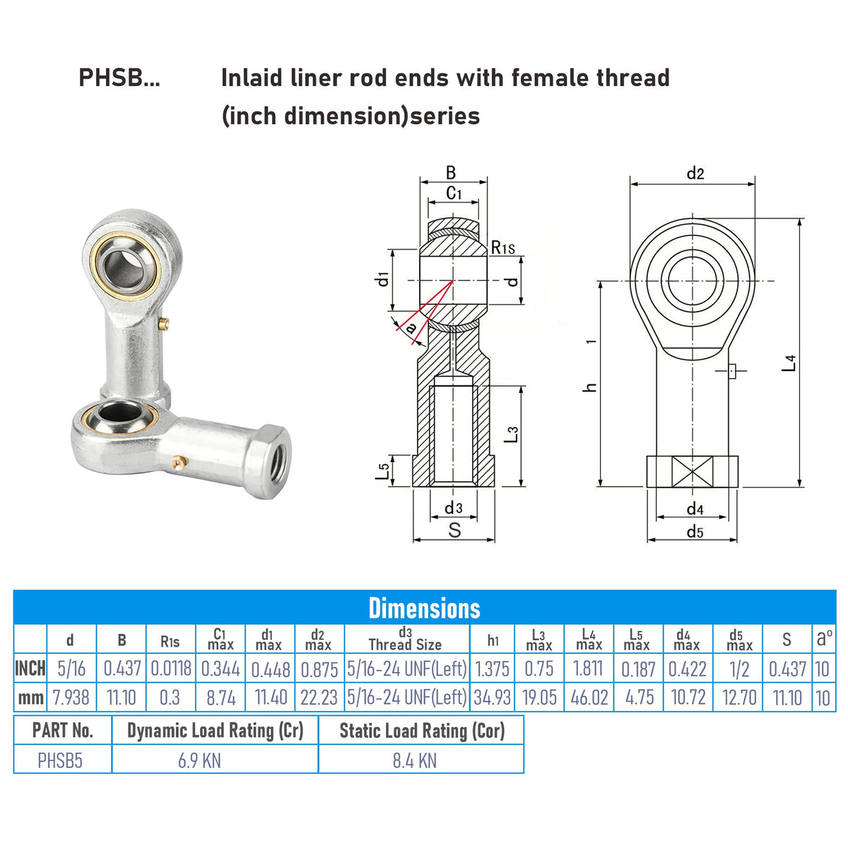 FOCMKEAS PHSB5L Spherical Rod End Bearings, 5/16" Bore, Left Hand