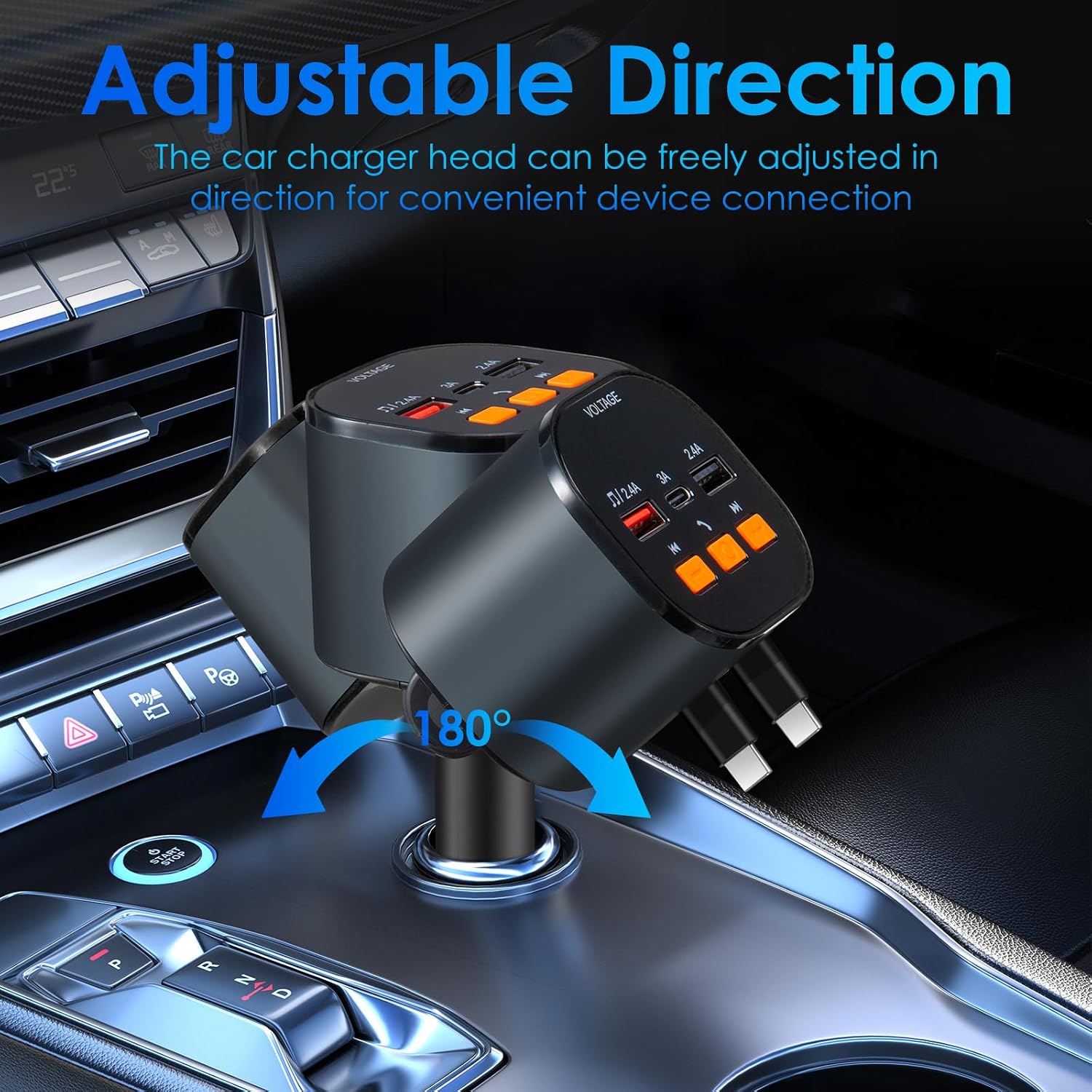 Retractable Car Charger,5 in 1 Fast Car Phone Charger 90W,Bluetooth 5.3 FM Transmitter Adapter,Handsfree Call,2